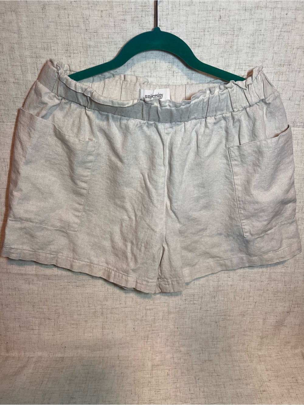 University Club Womens Large Linen Blend Paperbag Elastic Waist Shorts Oatmeal L